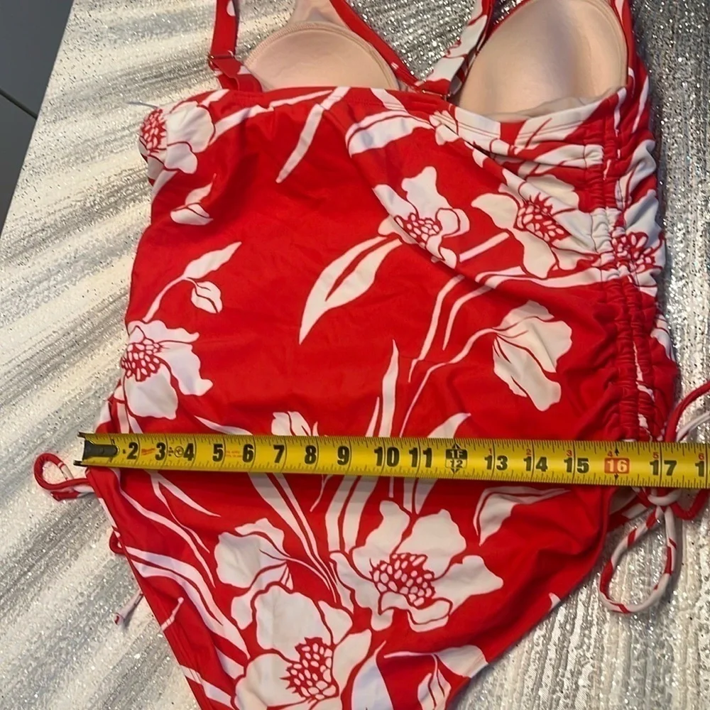 Kona Sol tropical floral one piece ruched side cinched full coverage size 18W